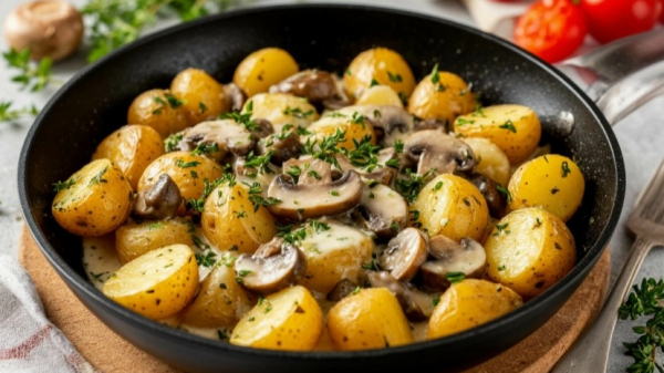 Молодая картошка с грибами и сливками