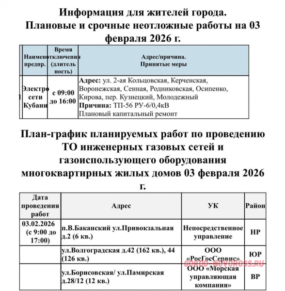 Плановое и срочное отключение электро- и газоснабжения в Новороссийске 03.02.2026