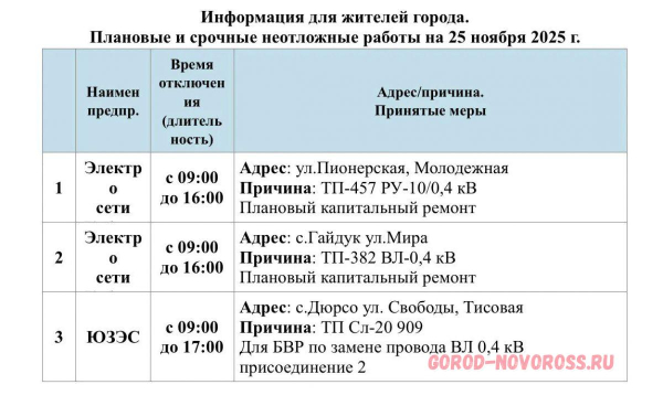 Плановое и срочное отключение электро- и газоснабжения в Новороссийске 25.11.2025